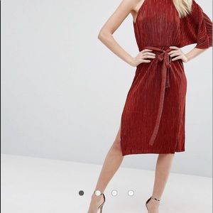 Plisse One Shoulder Midi Dress with Tie Belt